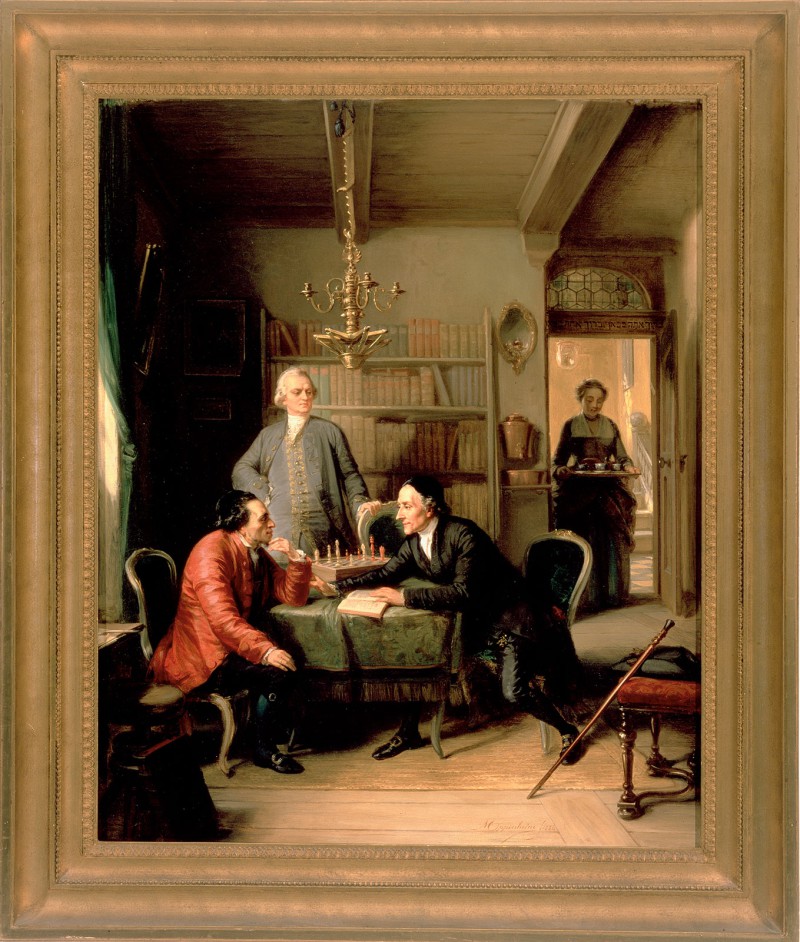 Fictional scene showing Lessing and Lavater as guests in the home of Moses Mendelssohn. Moritz Daniel Oppenheim, 1856, © Judah L. Magnes Museum.