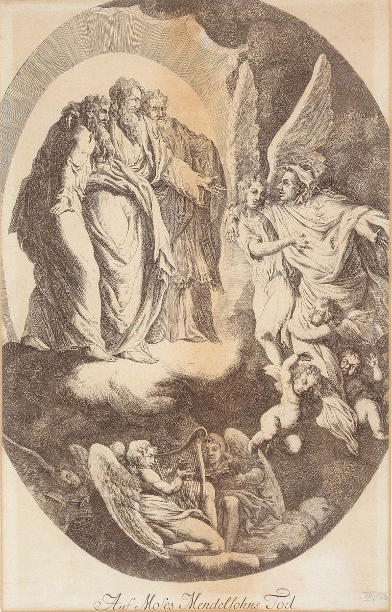 Moses Mendelssohn at the Pearly Gates: The saying “From Moses to Moses, there was no one like Moses,” which originally applied to Moses Maimonides, was expanded in praise of Mendelssohn. Johann Christian Friedrich Räntz, Moses Mendelssohn is Received into Heaven, undated. © bpk / Staatsbibliothek zu Berlin.