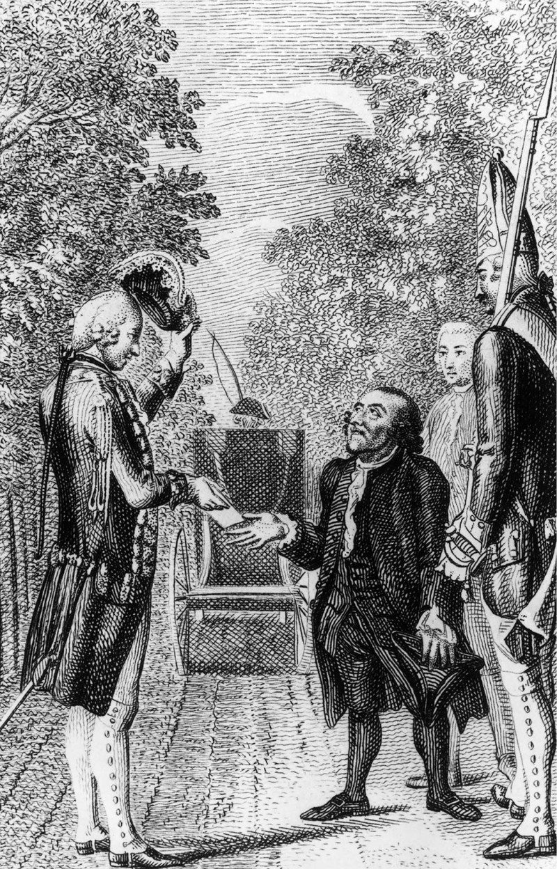 The Prussian King summoned Moses to Potsdam in 1771 to satisfy a Saxon diplomat’s curiosity about the famous Jew. Etching by Johann Michael Siegfried Lowe, based on a drawing by Daniel Chodowiecki: Moses Mendelssohn Presenting his Credentials at Potsdam’s Berlin Gate, 1792 © bpk / Staatsbibliothek zu Berlin.