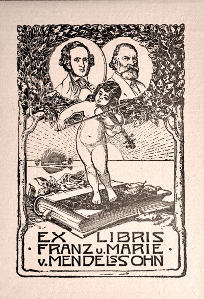 Ex libris Franz und Marie von Mendelssohns, mit den Portraits des Familienfreundes Joseph Joachim (rechts) und Felix Mendelssohn Bartholdys. Abb.: Privatbesitz